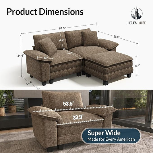 HERA'S HOUSE 88" Modular Sectional Sofa, L Shaped Couches for Living Room, Comfy Cloud Couch with Ottoman, 3-Seater Deep Seat Sofa with Throw Pillow, Chenille Grayish Brown