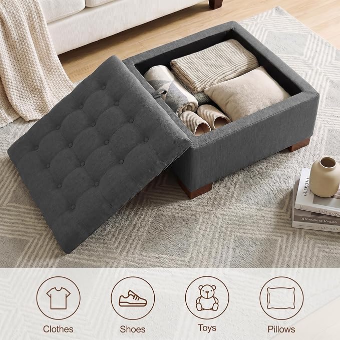 30 Inch Square Storage Ottoman Coffee Table, Modern Tufted Upholstered Ottoman with Flip Tray and Solid Wood Legs, Suitable for Living Rooms, Linen Grey