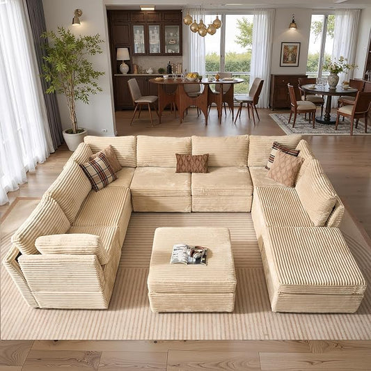 ovios Modular Sectional Sofa Couch with U-Shape Chaise Ottomans, Comfy Plush Corduroy Cloud Couches, Modern Luxury Deep Seat Sofas Set for Living Room, 9-Seater, Beige