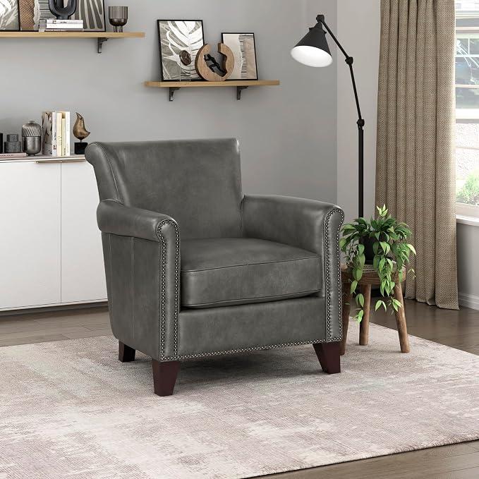 Lexicon 100% Top Grain Genuine Leather Chair, Leather Accent Chairs for Living Room, Solid Wood Frame, Rolled Armrest & Nailhead Trim, Comfy Reading for Bedroom, Office, Waiting Room, Gray