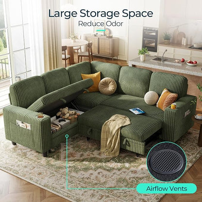 LINSY HOME Sectional Sleeper Sofa with Pull Out Couch Bed for Living Room (Green) | Plush Corduroy