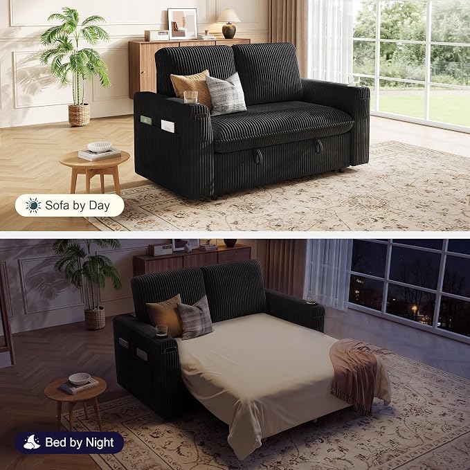 Sleeper Sofa with Pull Out Bed, Plush Corduroy Convertible Sofa Bed with Adjustable Backrest and Cup Holders, Loveseat Sleeper Couches for Living Room, Apartment, Black