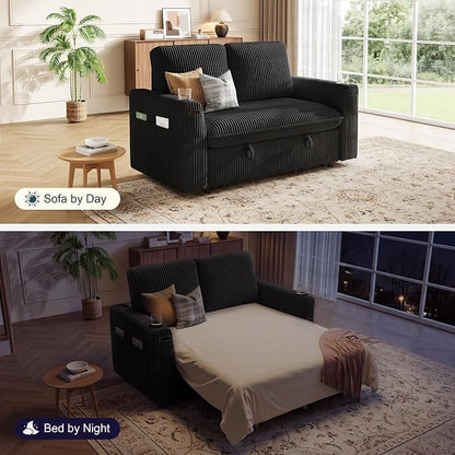 Sleeper Sofa with Pull Out Bed, Plush Corduroy Convertible Sofa Bed with Adjustable Backrest and Cup Holders, Loveseat Sleeper Couches for Living Room, Apartment, Black