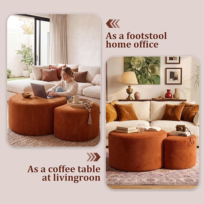 BSHOMGI Nesting Coffee Table Set of 2,Corduroy Ottoman Soft Foot Rest Movable LargePouf Footstool for Living Room Sofa Couch Bedroom Entryway and Small Spaces No Assembly (Orange, 32"+17")