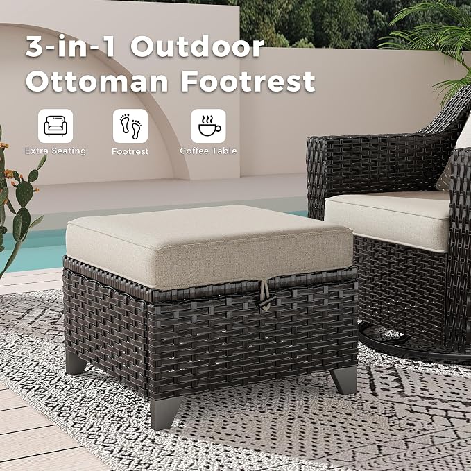 8 Pieces Patio Conversation Furniture Set - 2 Sofas, 4 Ottomans, 2 Swivel Chairs, 1 Side Table, Outdoor Wicker Furniture with Removable Cushions for Porch, Balcony, Sunroom (Beige)
