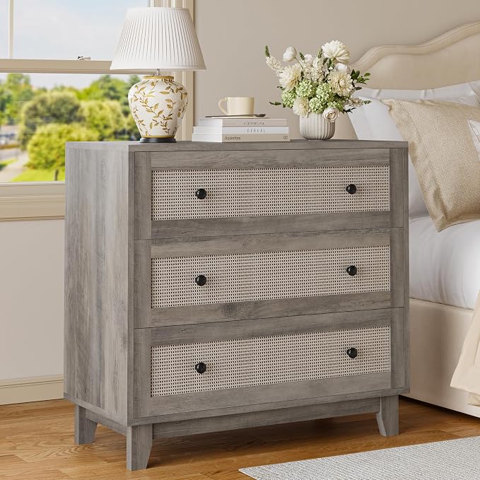 Rattan 3 Drawer Dresser for Bedroom, Small Boho Dresser with Wood Handles, Wood Nightstand, 29.52" Wide Modern Dresser, Chests of Drawers for Living Room, Entryway, Hallway, Wood Gray