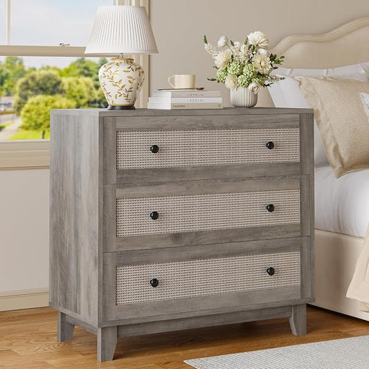 Rattan 3 Drawer Dresser for Bedroom, Small Boho Dresser with Wood Handles, Wood Nightstand, 29.52" Wide Modern Dresser, Chests of Drawers for Living Room, Entryway, Hallway, Wood Gray