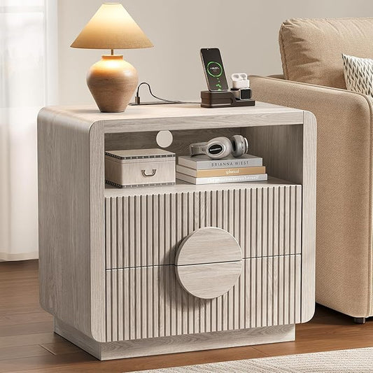 23" Wide Fluted Nightstand, Mid Century Bedside Table with Charging Station, Wood End Table with 2 Drawers and Open Shelf for Bedroom, Home Office, Gray Oak