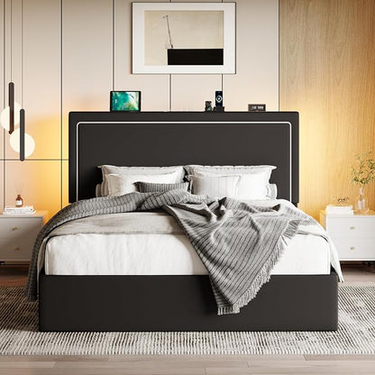 SHA CERLIN Full Size Hydraulic Lift-Up Storage Platform Bed Frame with Charging Station, RGB LED Lights, Adjustable Velvet Headboard, USB-A and USB-C Ports, No Box Spring Needed, Black