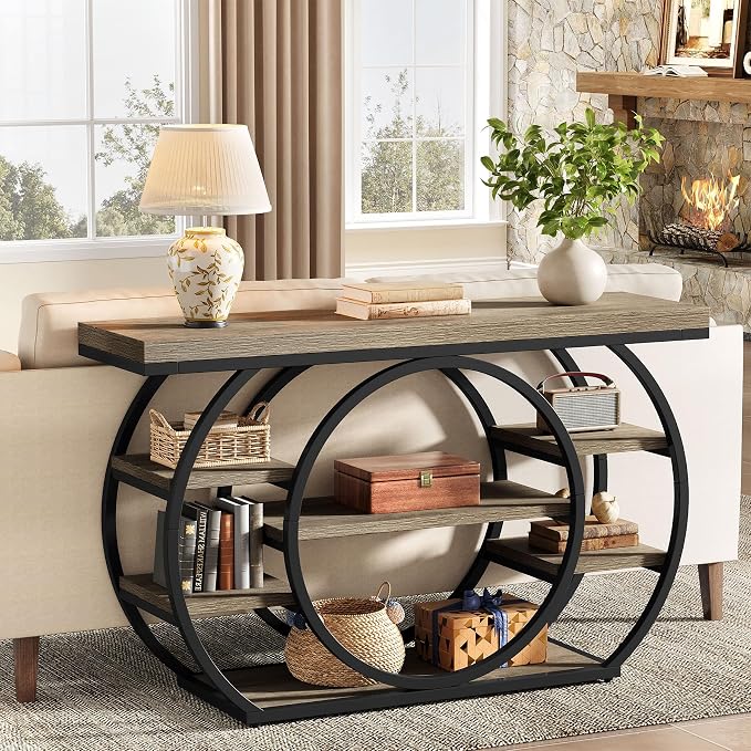 Tribesigns 47" Industrial Entryway Table with Staggered 5-Tier Shelf | Narrow Console with Metal Frame, 5-Tier Sofa Table for Living Room Entryway, Hallway, Foyer, Gray