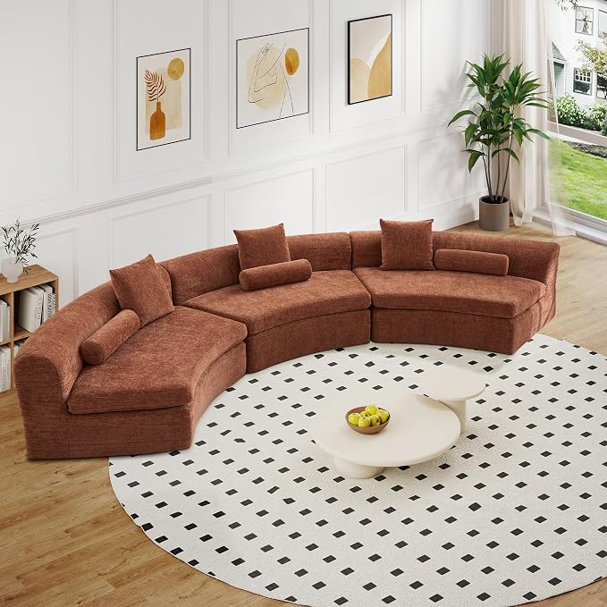 AVZEAR Curved Modular Sectional Sofa, Chenille Upholstered Cloud 1 Seater Couch for Living Room, No Assembly Modern Love Seat Sofa with 1 Bolster Pillows & 1 Square Pillows, High-Density Foam, Orange