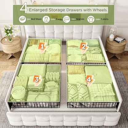 EnHomee Queen Bed Frame with 6 Storage Drawers and 2-Tier Velvet Upholstered Headboard,Modern Bed Frame with LED Lights&Charging Station,No Box Spring Needed,Noise-Free, Easy Assembly,Sturdy,Beige