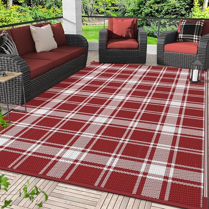 GENIMO Waterproof Outdoor Rug for Patio Clearance, 5'x8' Reversible Plastic Straw Rugs, Lightweight RV Camping Mat for Camper, Balcony, Deck, Backyard, Picnic, Red White Plaid