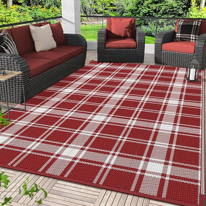 GENIMO Waterproof Outdoor Rug for Patio Clearance, 5'x8' Reversible Plastic Straw Rugs, Lightweight RV Camping Mat for Camper, Balcony, Deck, Backyard, Picnic, Red White Plaid