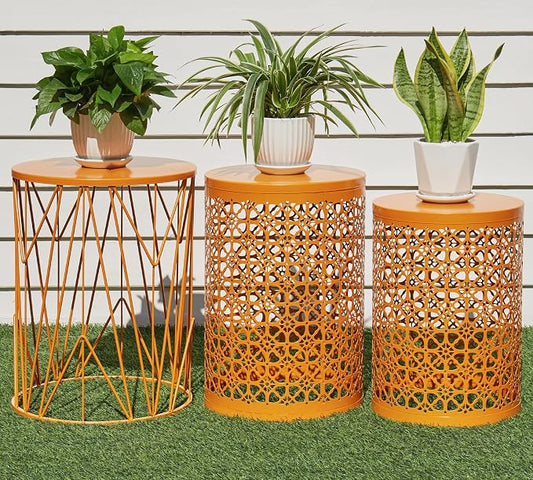 HFHOME Set of 3 Heavy-Duty Round End Side Table, Coffee Table for Indoor Multifunctional Use, Outdoor Decorative Garden Stool Plant Stand, Orange