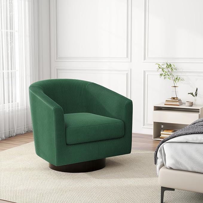 Swivel Barrel Accent Chair, Modern Round Corduroy Fabric Arm Chair for Living Room, Bedroom, Comfy Club Reading Chairs for Adults (Corduroy Dark Green, Set of 1)