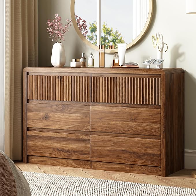 LYNSOM 6 Drawer Dresser for Bedroom, 50" Wide Fluted Dresser with Curved Corners, Wood Dressers & Chests of Drawers with Dual-Panel Design for Bedroom, Entryway, Walnut