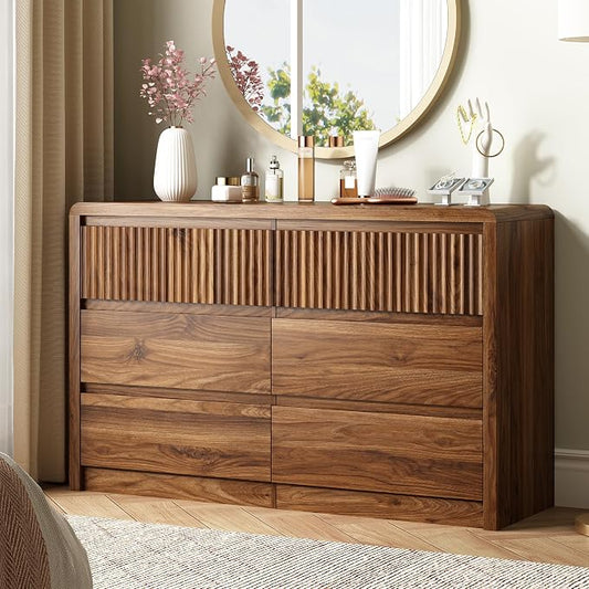LYNSOM 6 Drawer Dresser for Bedroom, 50" Wide Fluted Dresser with Curved Corners, Wood Dressers & Chests of Drawers with Dual-Panel Design for Bedroom, Entryway, Walnut