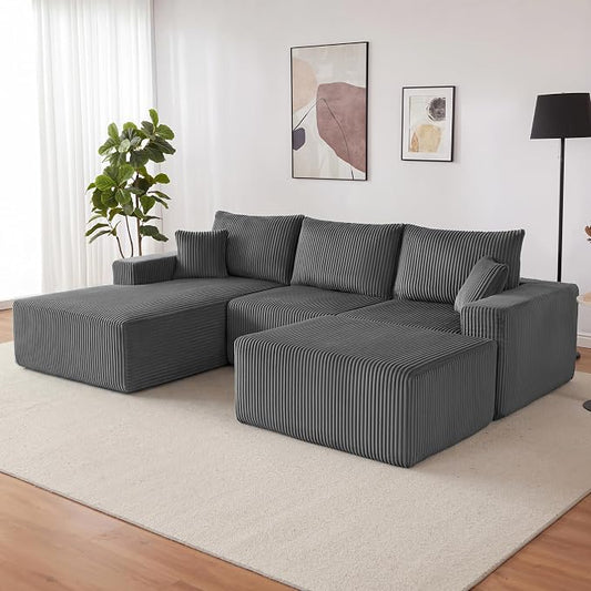 Weture 108” Modular Sectional Couches, Modern Modular U-Shape Sofa with Chaise, Cloud Sectional Couch with Deep Seat, Upholstered Boneless Sofa for Living Room (Corduroy, Gray)