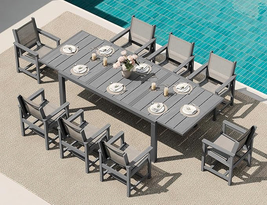 SERWALL HDPE Outdoor Dining Set for 8 with Textilene Chairs, Grey | 60" - 83" Aluminum Expandable Patio Dining Table and Breathable Textilene Chairs, All Weather HDPE Patio Furniture Set