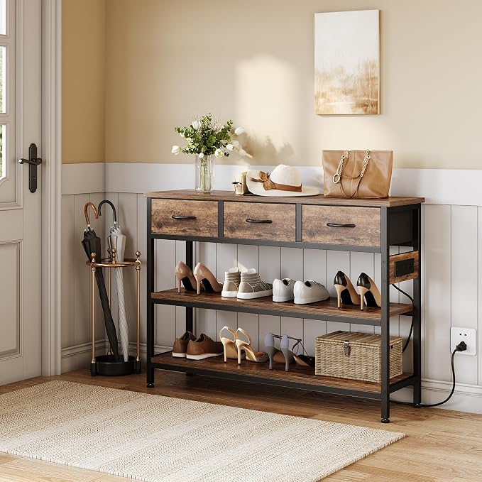 Lulive 2 Pack Entryway Table with Outlets, 3 Fabric Drawers, 43in | 43.3"W x 11.8"D entry table with 2 outlets, 2 USB ports, swappable plug side, adjustable feet and anti-tip kit.