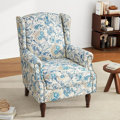 High Back Floral Accent Chair, Fabric Upholstered Armchair Wingback Arm Chair for Living Room, Nailhead Trim Single Sofa Bedroom Side Reading Seat with Retro Solid Wood Legs - Boho Blue