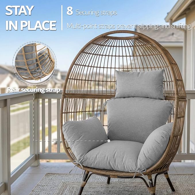 Egg Chair Cushion with 8 Securing Straps, Water-Repellent & Fade-Resistant Faux Linen, Removable Cover, Replacement Cushion for Most Single Outdoor Hanging Swing Egg Chairs – Light Grey