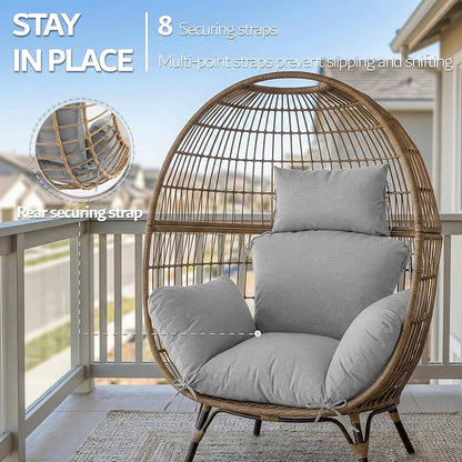 Egg Chair Cushion with 8 Securing Straps, Water-Repellent & Fade-Resistant Faux Linen, Removable Cover, Replacement Cushion for Most Single Outdoor Hanging Swing Egg Chairs – Light Grey
