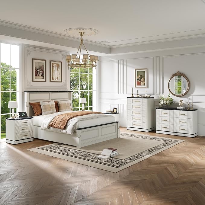 RECHHX Farmhouse 5 Drawers Dresser for Bedroom, 44" Tall Modern Marble-Effect Chest of Drawers, Wooden Thermoformed Curved Dresser Organizer for Bedroom, Living Room, White