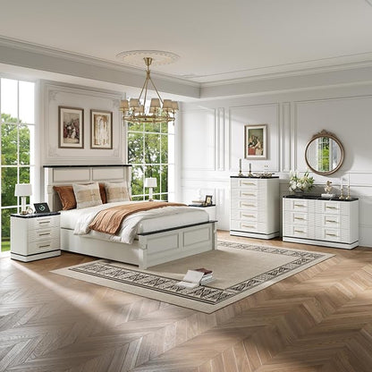 RECHHX Farmhouse 5 Drawers Dresser for Bedroom, 44" Tall Modern Marble-Effect Chest of Drawers, Wooden Thermoformed Curved Dresser Organizer for Bedroom, Living Room, White