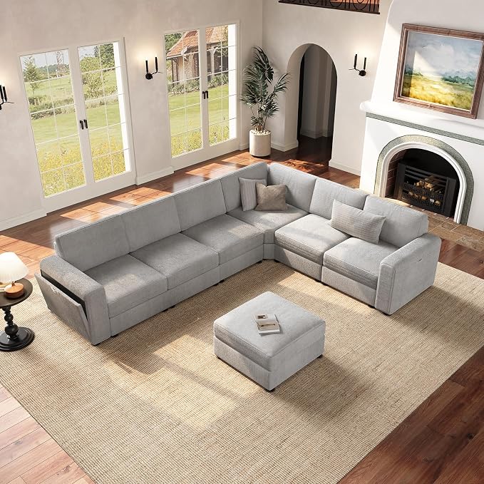 Vesgantti Oversized Modular Sectional Sofa, 6-Seater Chenille L Shaped Modular Couch with Ottoman, Storage Armrests, Large Comfy Sectional Couches for Living Room, Apartment, Light Grey