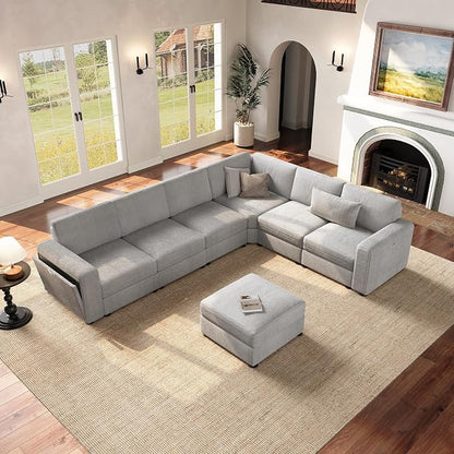 Vesgantti Oversized Modular Sectional Sofa, 6-Seater Chenille L Shaped Modular Couch with Ottoman, Storage Armrests, Large Comfy Sectional Couches for Living Room, Apartment, Light Grey