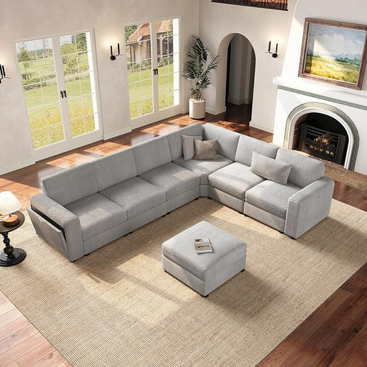 Vesgantti Oversized Modular Sectional Sofa, 6-Seater Chenille L Shaped Modular Couch with Ottoman, Storage Armrests, Large Comfy Sectional Couches for Living Room, Apartment, Light Grey