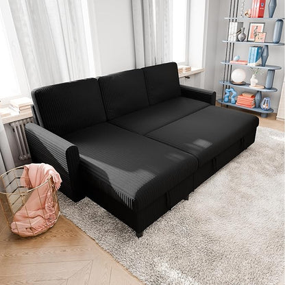 Vongrasig Pull Out Couch with Storage for Small Space, Black Corduroy | 2 in 1 Small Sofa Bed Sleeper Sofa with Storage, 77" L Shaped Convertible Sofa with Storage Chaise for Living Room, Apartment