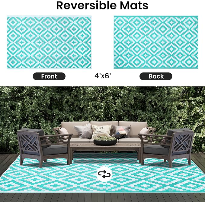 Smiry Waterproof Outdoor Rug 4x6 ft, Reversible Plastic Straw Patio Camping Rugs, Outdoor Indoor RV Mat Carpet for Patio, Outside Entry, Backyard, Deck, Bench, Picnic, Camper, White & Teal