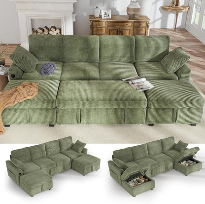 Hanherry 104" Sectional Sofa with Pull Out Couch Bed,Corduroy 4 Seater Sleeper Sofa with Storage Ottoman & USB Charging,Comfy U Shaped Modular Couches for Living Room,Apartment