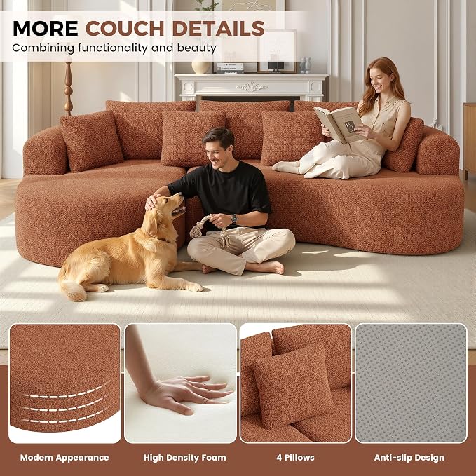 Luxanimarion 124" Curved Modular Sectional Sofa Oversized, L-Shape Boneless Couches for Living Room with Deep Seat and 7 Pillows, High-Density Memory Foam,Caramel Chenille Fabric, No Assembly Required