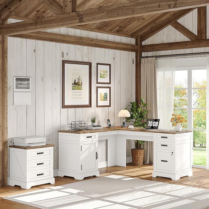 Whalefall 67'' Farmhouse L-Shaped Desk with Drawers for Home Office, White | Computer Corner Desk with File Cabinet and Charging Station, Large Executive L Desk with Locking Drawers Storage
