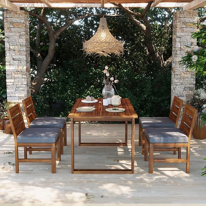 Quarte Premium 4-Piece Farmhouse Outdoor Dining Set in Solid Acacia Wood with Comfort Cushions and Adjustable Legs for Patio, Garden, Backyard (Brown+Gray5)