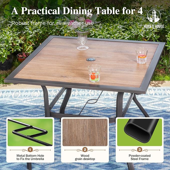 HERA'S HOUSE Outdoor Dining Set 5 Piece Patio Furniture Set, 4 x Textilene Dining Chair, 37" Square Wood Look Table for Lawn Garden Backyard Deck, Red
