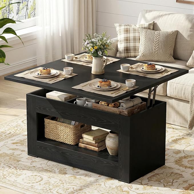 UNIQUITE 40" Lift Top Coffee Table, 4 in 1 Multi-Function Lift Coffee Tables with Storage and Hidden Compartment, Convertible Wood Coffee Tables to Dining Table for Living Room, Black