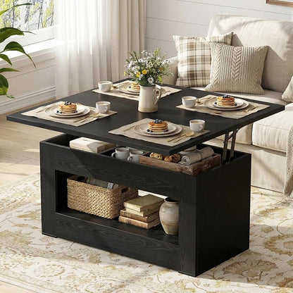 UNIQUITE 40" Lift Top Coffee Table, 4 in 1 Multi-Function Lift Coffee Tables with Storage and Hidden Compartment, Convertible Wood Coffee Tables to Dining Table for Living Room, Black