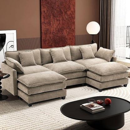 Ihanherry 111.4" U Shaped Modern Sofa Modular Sectional Luxurious and Comfortable with 2 Ottoman, 5-Seat Chenille Deep Seat Sofa with Pillow for Living Room, Bedroom and Apartment, Sand