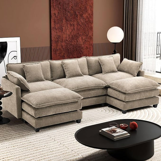 Ihanherry 111.4" U Shaped Modern Sofa Modular Sectional Luxurious and Comfortable with 2 Ottoman, 5-Seat Chenille Deep Seat Sofa with Pillow for Living Room, Bedroom and Apartment, Sand
