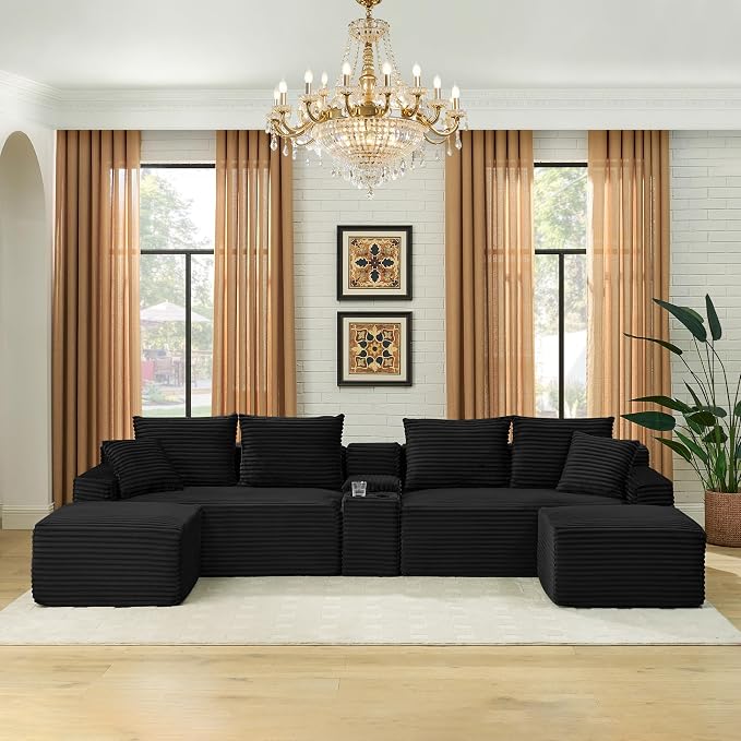 127" U-Shaped Cloud Sectional Couch Oversized Modular Compressed Boneless Sectional Sofa with Ottoman Chaise Lounges & Console, Plush Corduroy Boneless Symmetrical Sofa