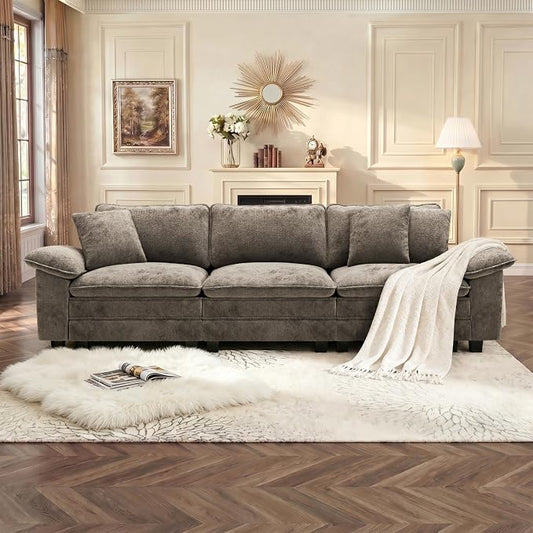 PHI VILLA Modern Modular Couches Sets, 123.6" Cloud Sectional Sofa with Upholstered Deep Seat, 3-Seater Couch for Living Room Small Spaces, Chenille Fabric, Smoky Grey