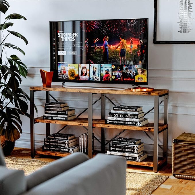 IRONCK Rustic Entryway Console Table, Long Hallway Table 55 in 3-Tier, TV Stand Entertainment Center Media Stand for Living Room, Industrial Style, Vintage Brown | Rustic