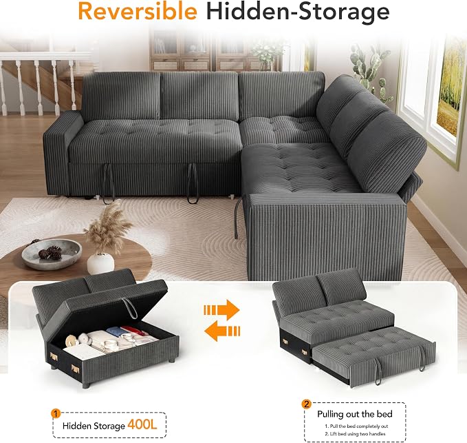 Sunny Heart Modular Sectional Sleeper Sofa with Pull Out Bed, Corduroy L Shaped Sectional Sofa with USB Ports/Adjustable Backrest/Storage Seats, Tool-Free Assembly, Couches for Living Room Dark Grey