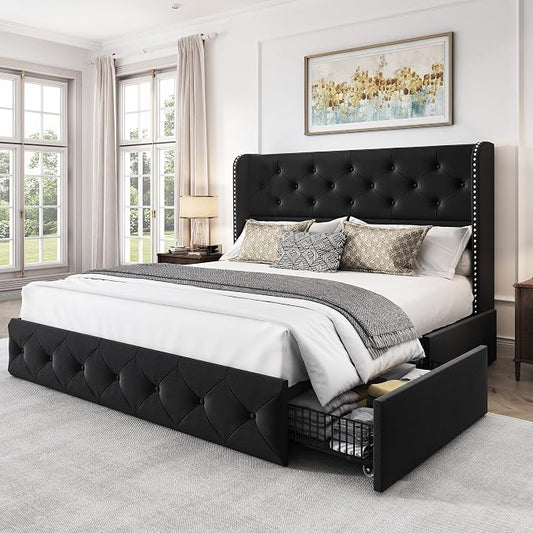 LARMACE Full Size Bed Frame with 4 Storage Drawers and Wingback Headboard Velvet Upholstered Platform Bed Frame Tufted Beds with Wooden Slats Support, Easy Assembly, Black