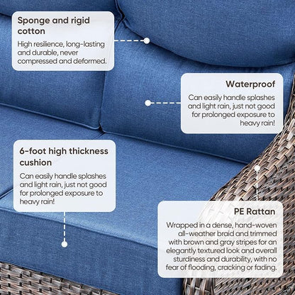 Luxury Patio Sofa 3-Seat Wicker Couch with 6" Thick Cushion - Outdoor Furniture Rattan Sofa with Deep Seating High Back Outdoor Sofa for Patio Garden Balcony Sunroom Backyard, Brown | Blue
